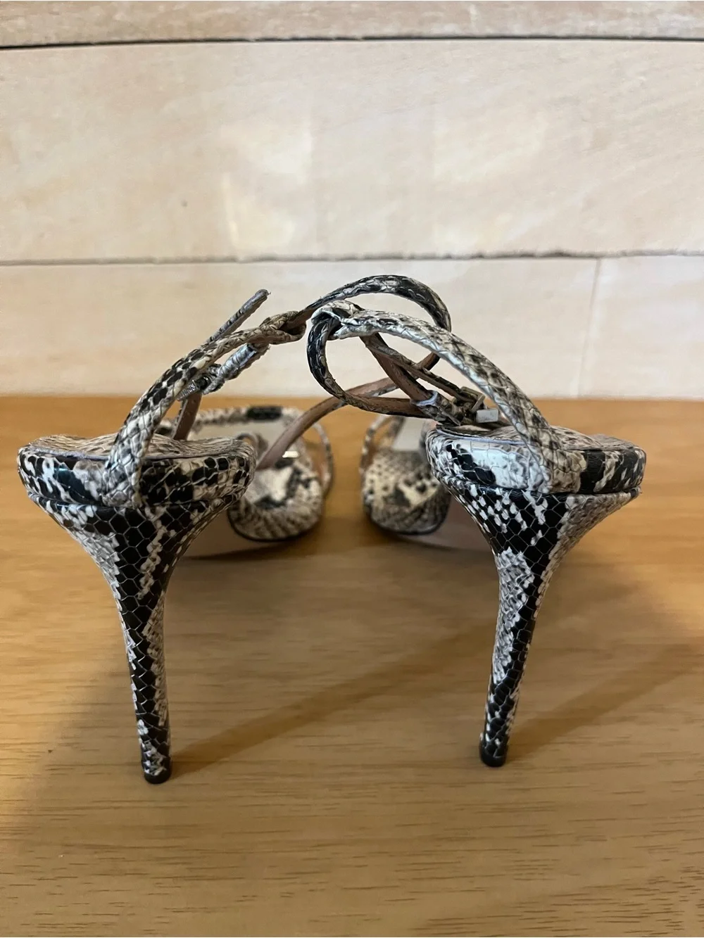 SCHUTZ Snakeskin Print Strappy Heels in Black and Cream